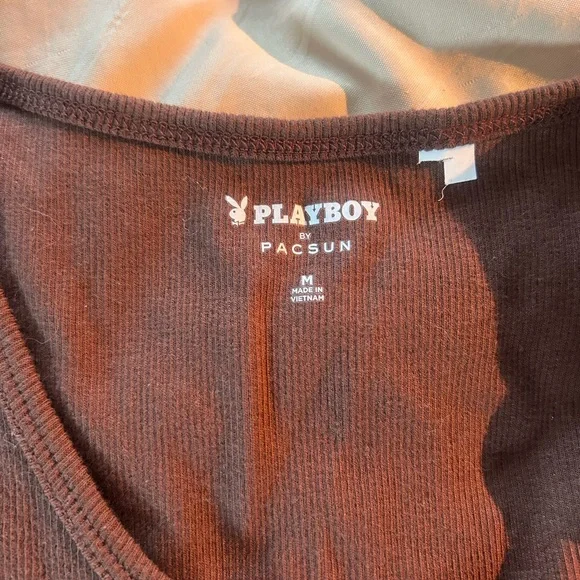 PLAYBOY Brown Ribbed Cropped Tank Top with White Logo - Picture 2 of 3